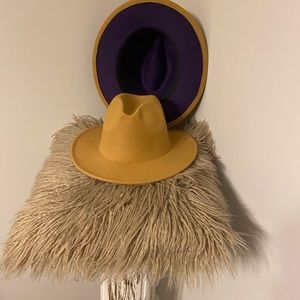 Fedora hats Tan on top and Purple on Bottom.